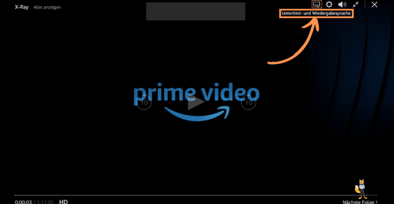 Im Videowiedergabe-Fenster von Amazon Prime ist die Sprechblase für Untertitel- und Wiedergabesprache” markiert.